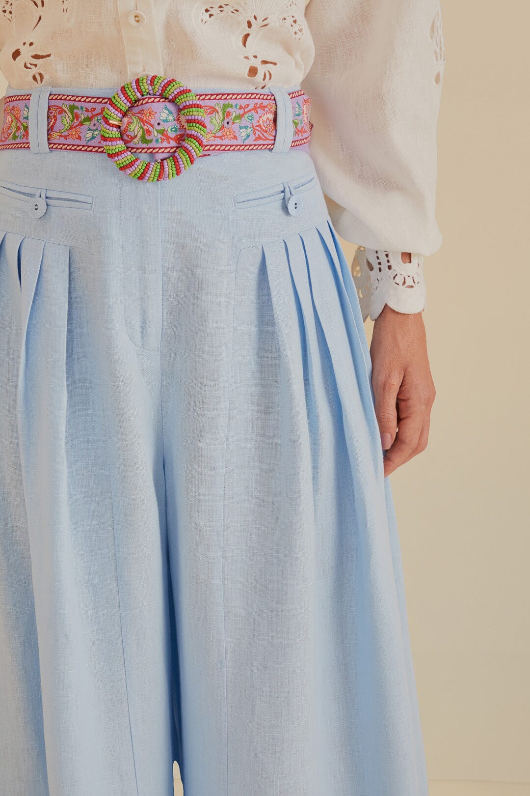 FARM Rio model wearing the Light Blue Pleat High Waisted Pants