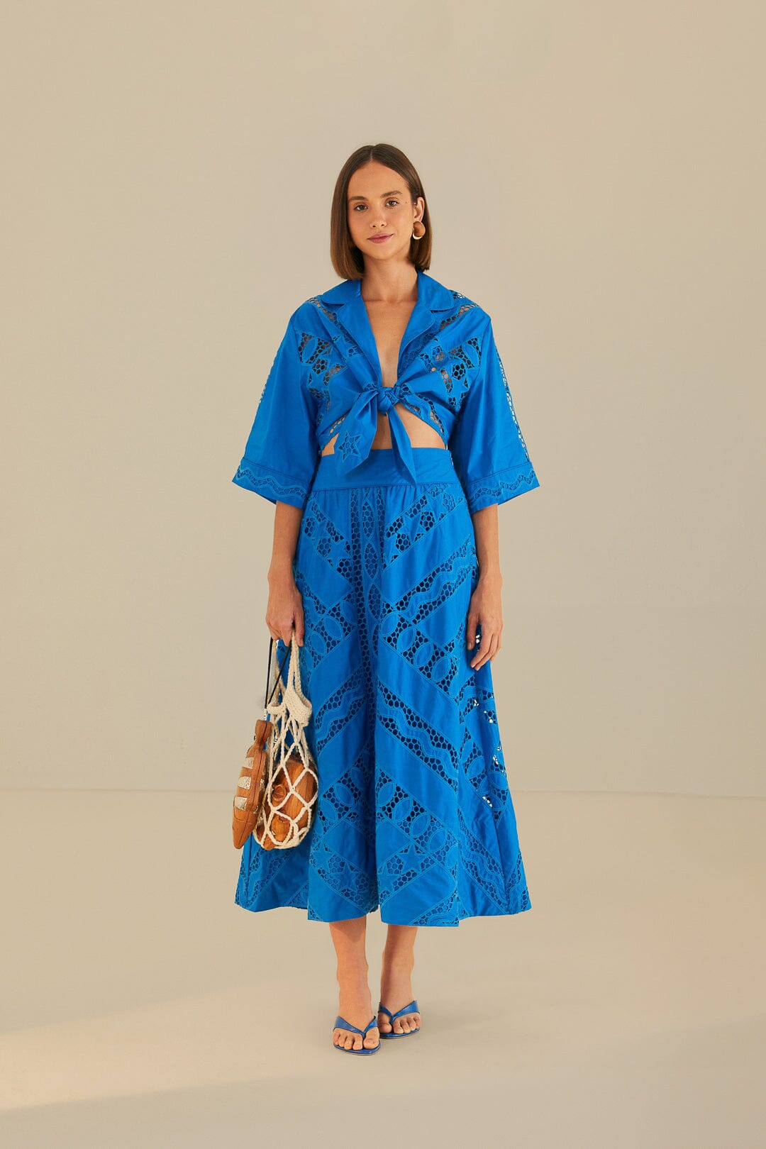 FARM Rio model wearing the Blue Striped Richelieu Midi Skirt