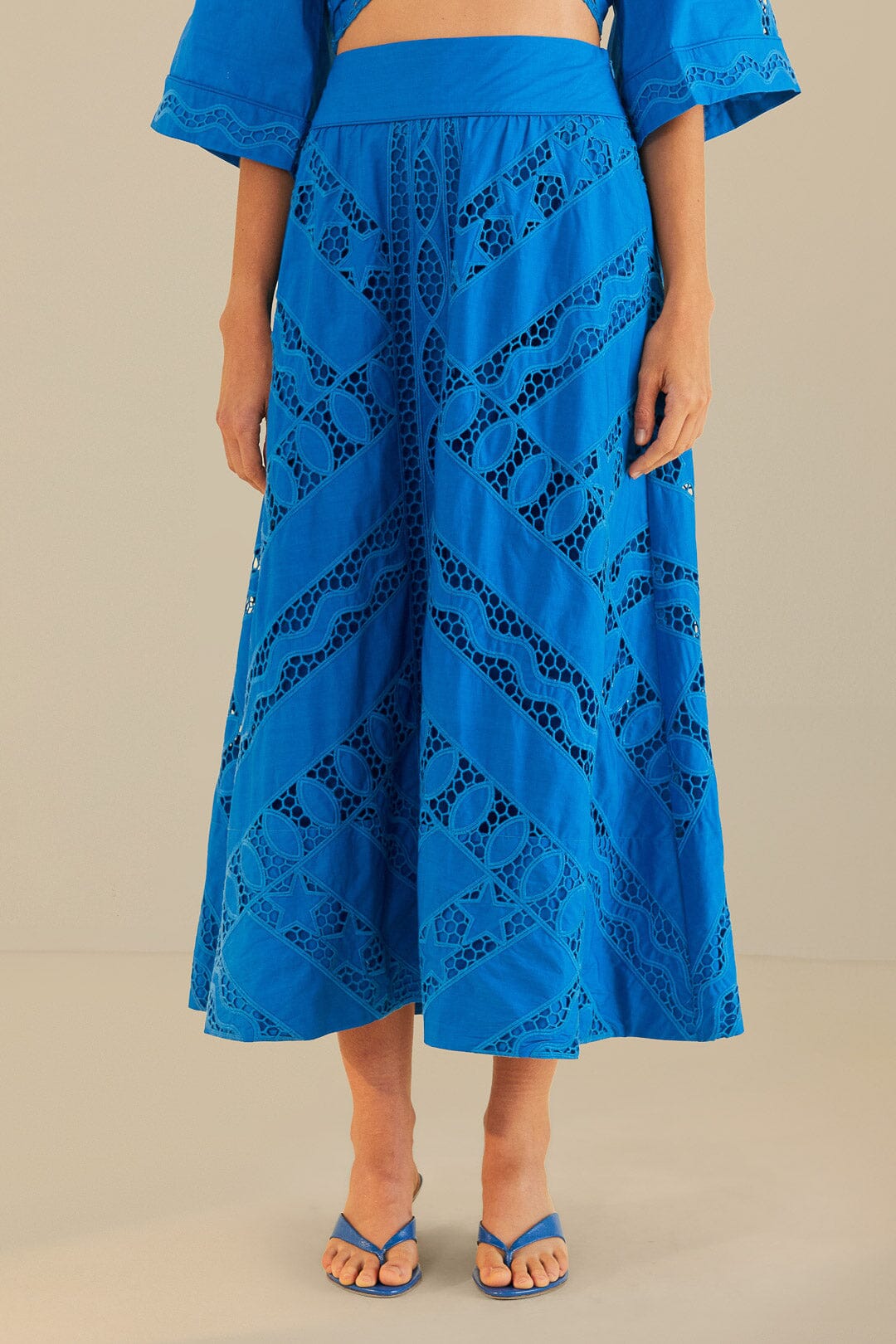 FARM Rio model wearing the Blue Striped Richelieu Midi Skirt