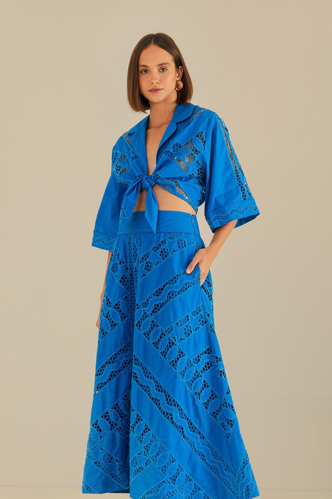 FARM Rio model wearing the Blue Striped Richelieu Midi Skirt