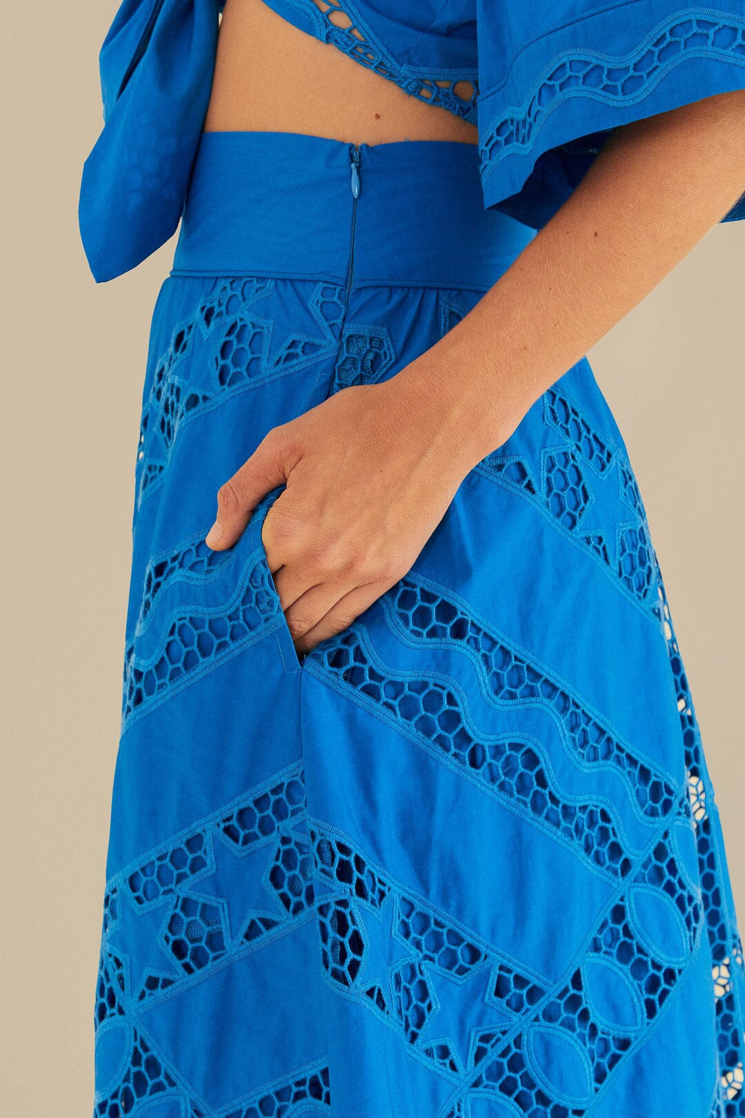 FARM Rio model wearing the Blue Striped Richelieu Midi Skirt