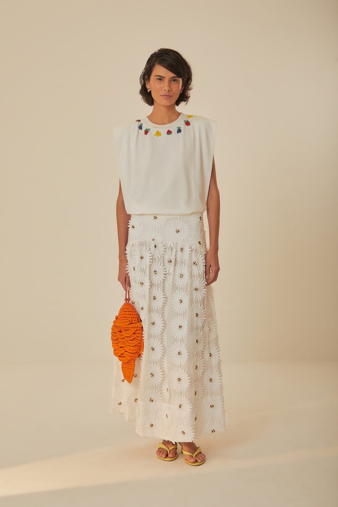 FARM Rio model wearing the White Daisy 3D Flower Maxi Skirt