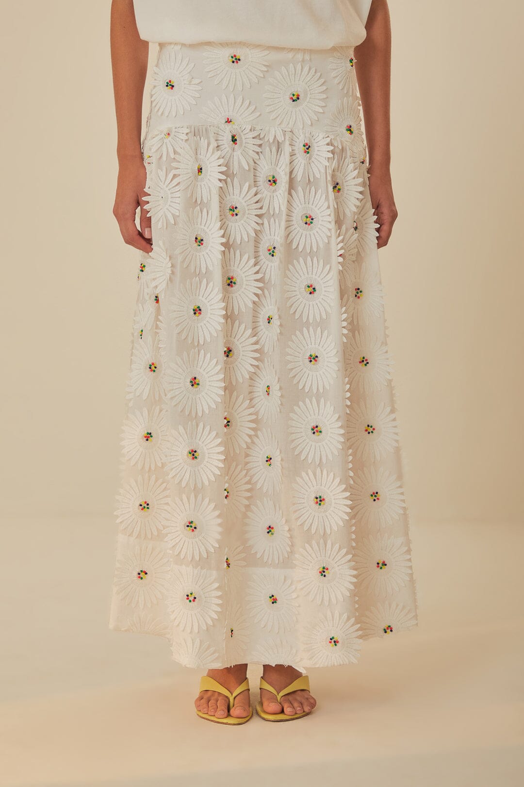 FARM Rio model wearing the White Daisy 3D Flower Maxi Skirt