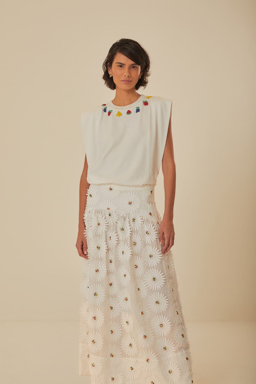 FARM Rio model wearing the White Daisy 3D Flower Maxi Skirt