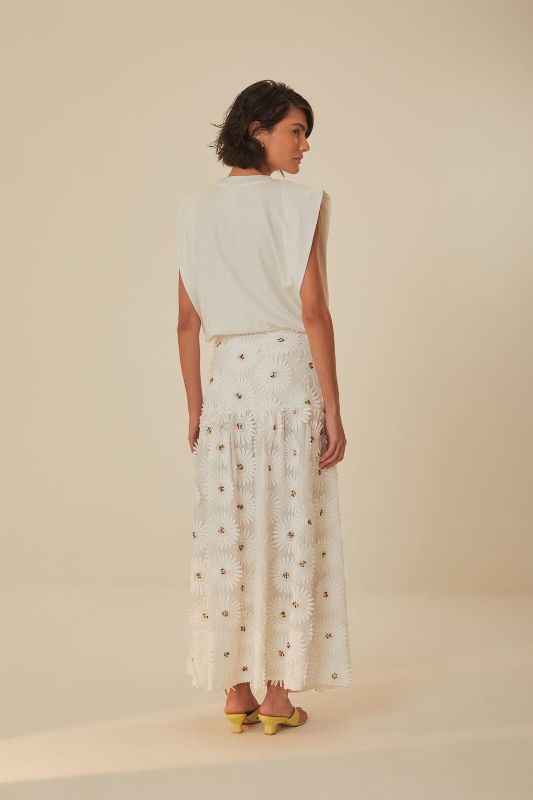 FARM Rio model wearing the White Daisy 3D Flower Maxi Skirt