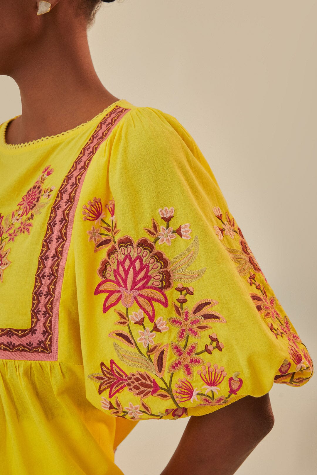 FARM Rio model wearing the Garden Tapestry Yellow Embroidered Blouse