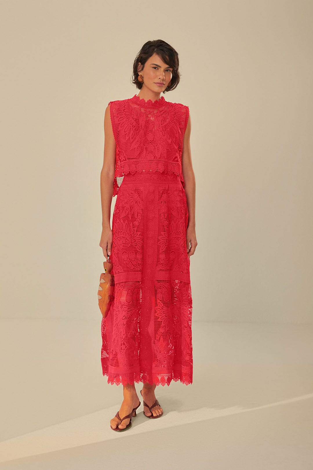 FARM Rio model wearing the Red Toucan Guipure Midi Skirt