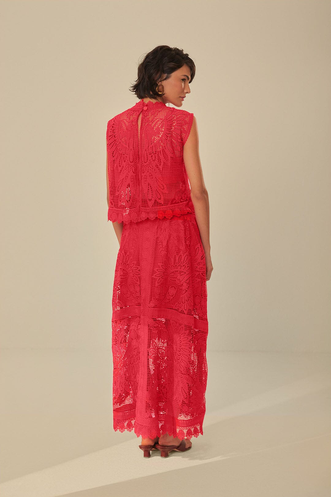 FARM Rio model wearing the Red Toucan Guipure Midi Skirt