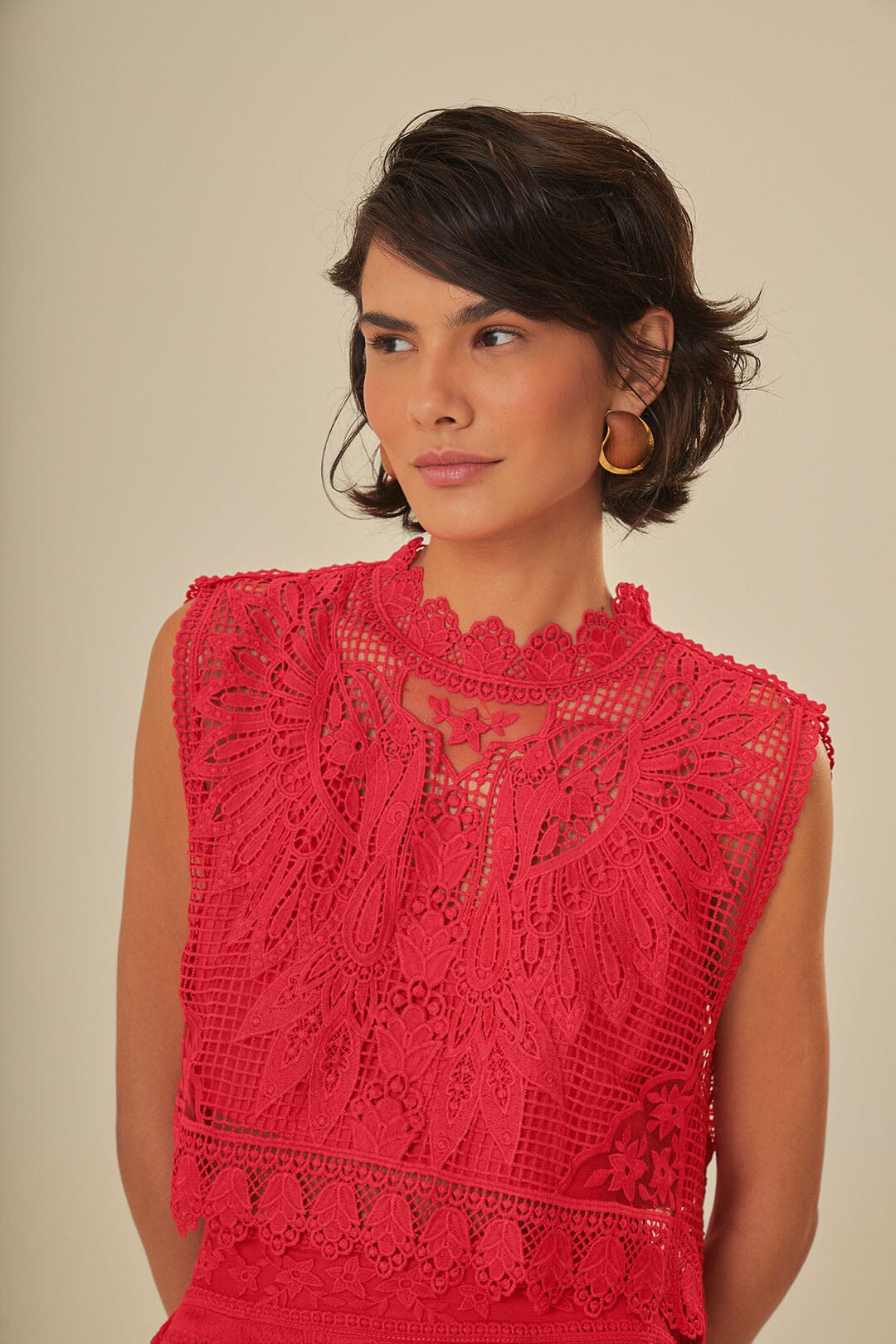 FARM Rio model wearing the Red Toucan Guipure Sleeveless Top