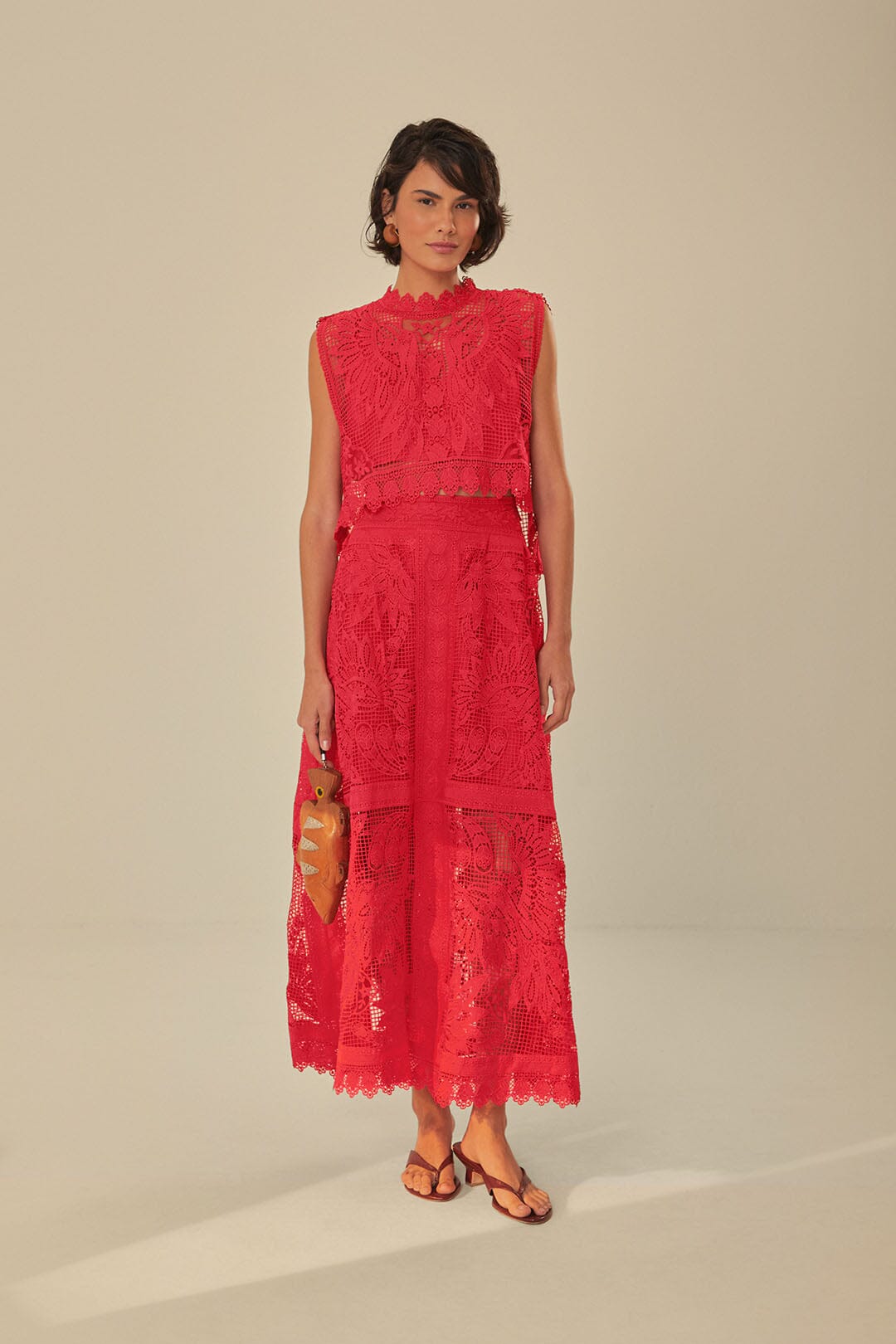 FARM Rio model wearing the Red Toucan Guipure Sleeveless Top