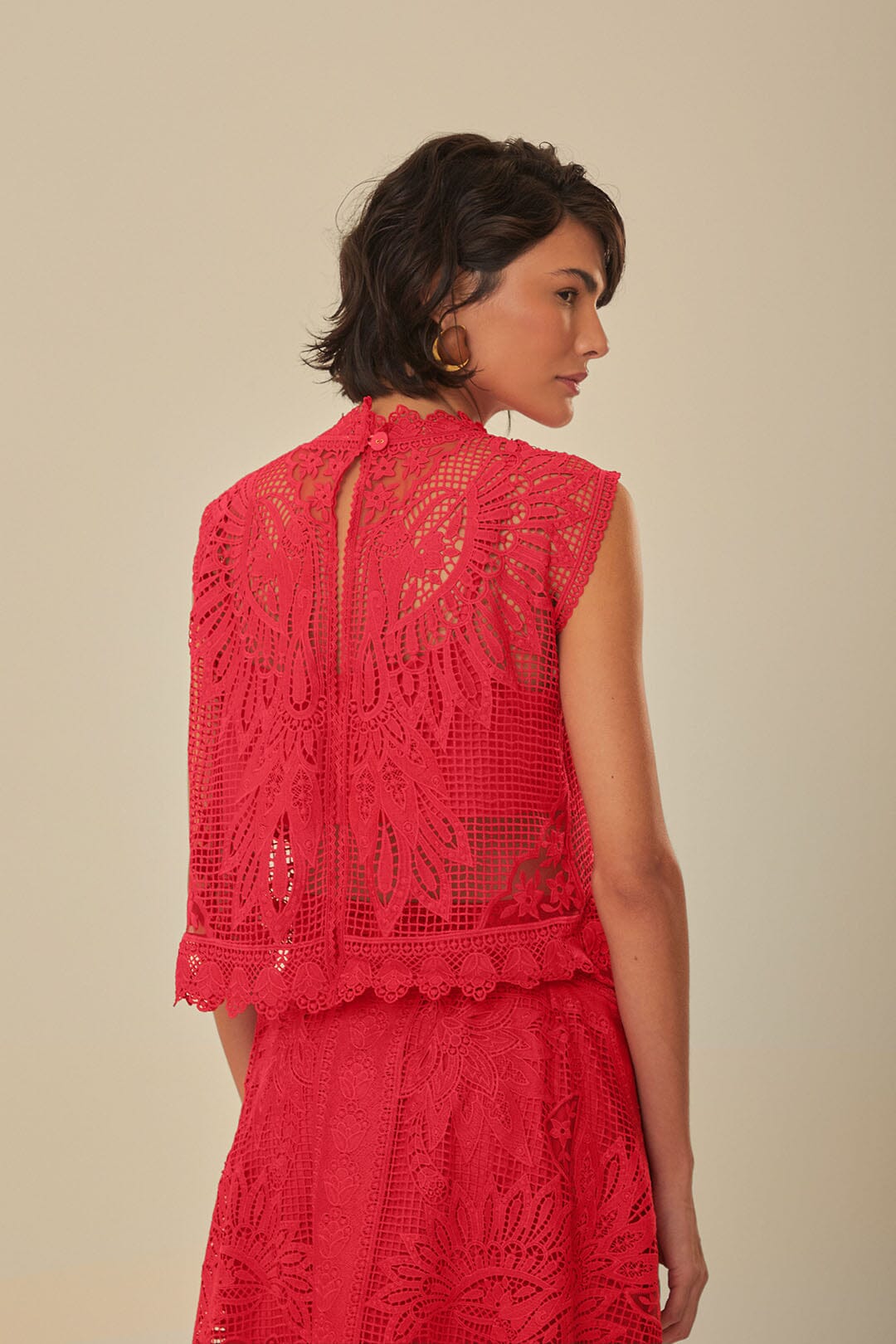 FARM Rio model wearing the Red Toucan Guipure Sleeveless Top