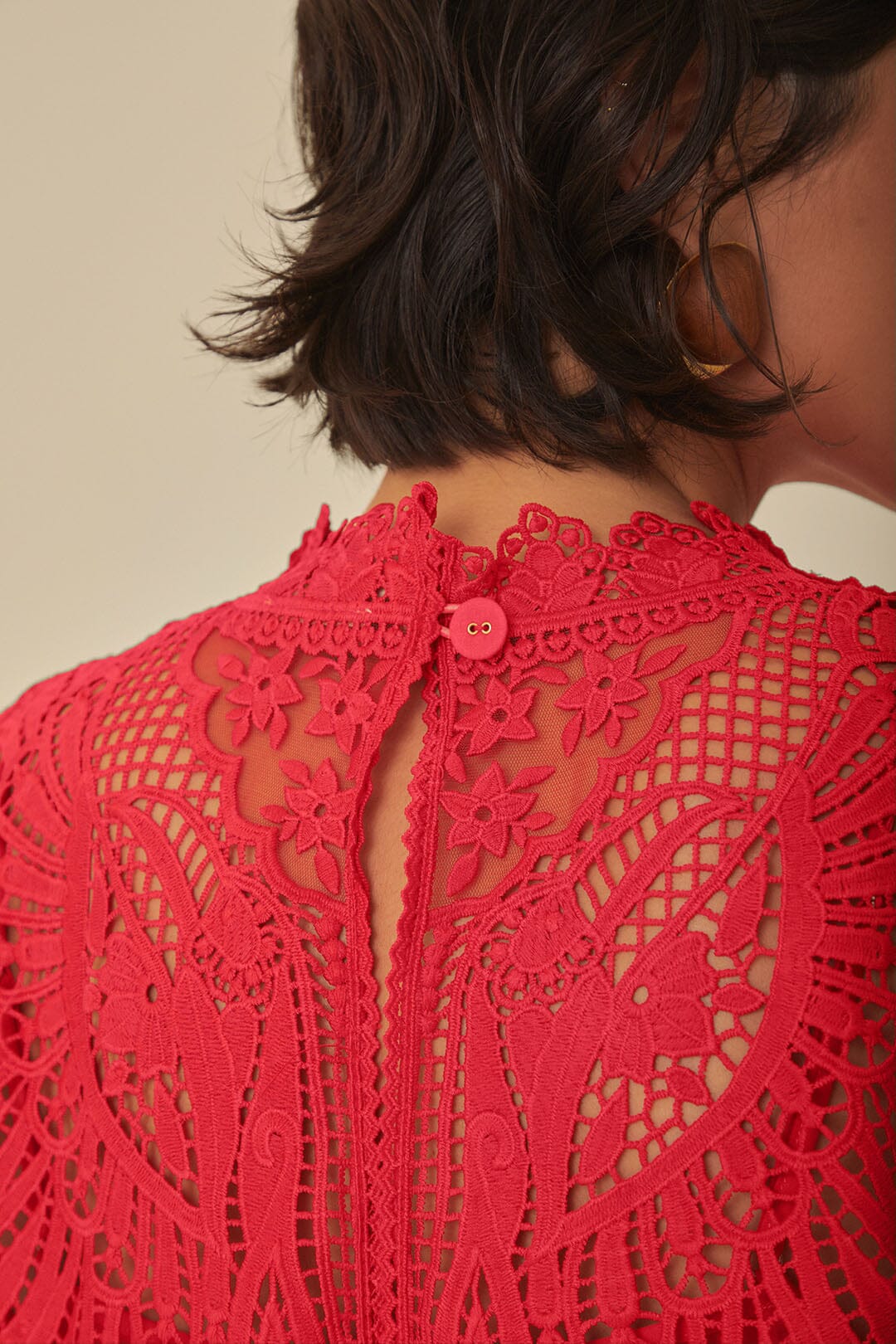 FARM Rio model wearing the Red Toucan Guipure Sleeveless Top