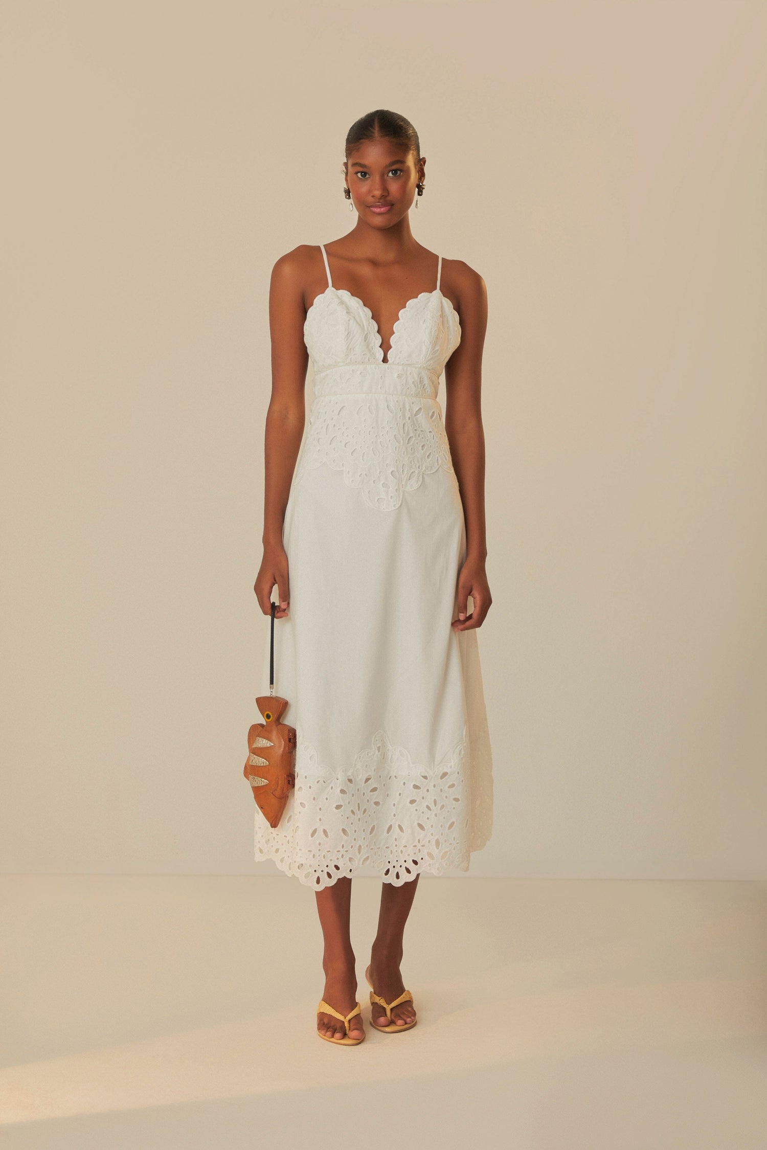 FARM Rio model wearing the White Laise Sleeveless Maxi Dress