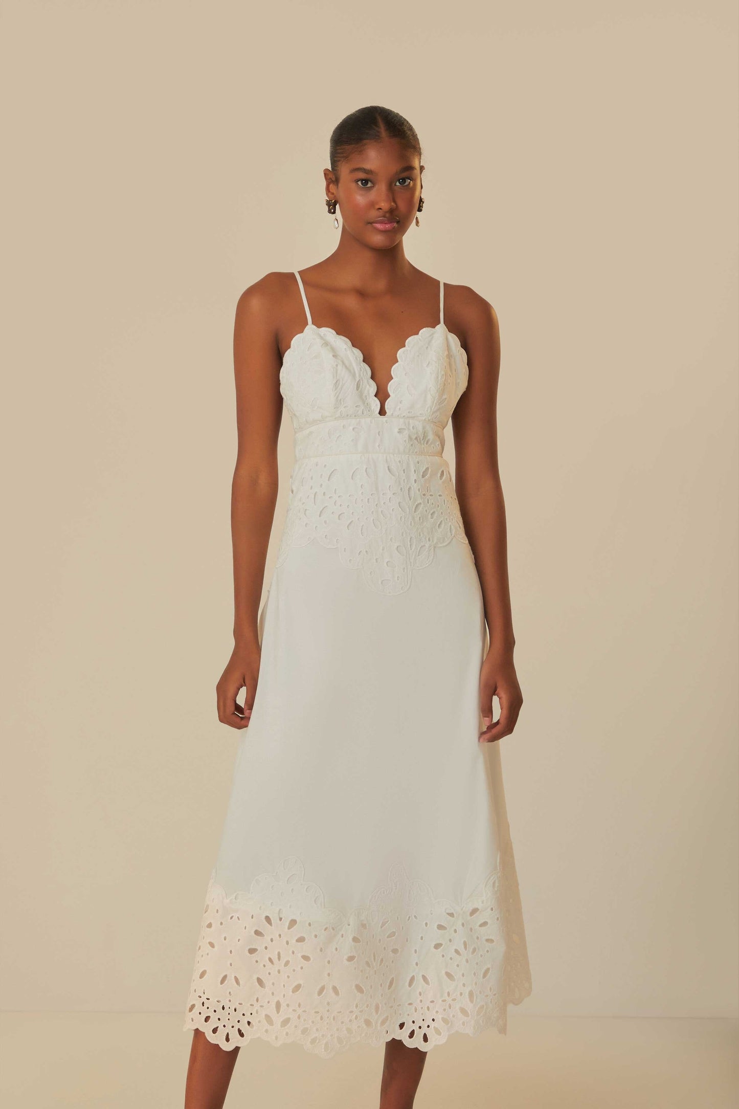 FARM Rio model wearing the White Laise Sleeveless Maxi Dress