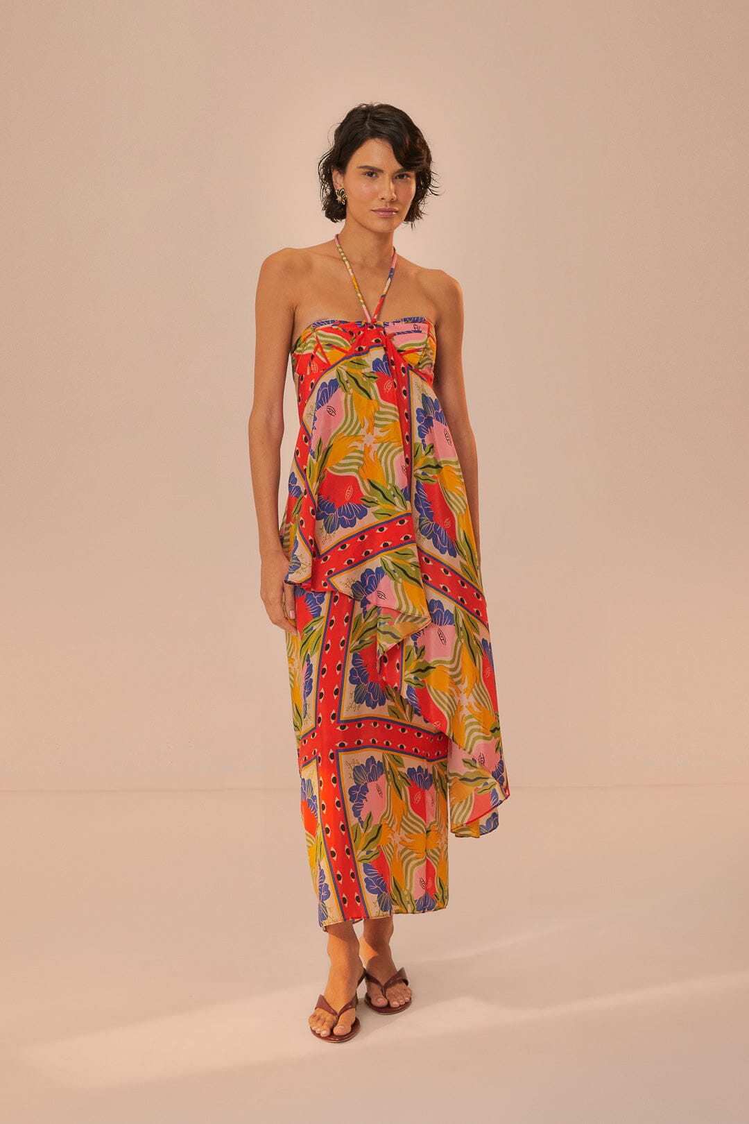 FARM Rio model wearing the Surreal Scarf Sand Sleeveless Maxi Dress
