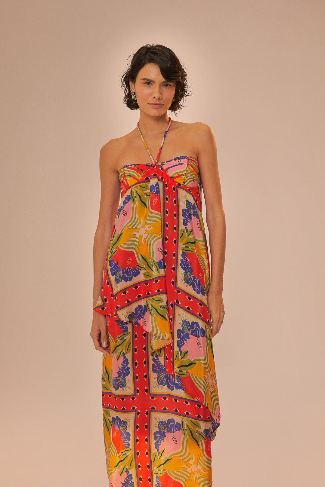 FARM Rio model wearing the Surreal Scarf Sand Sleeveless Maxi Dress