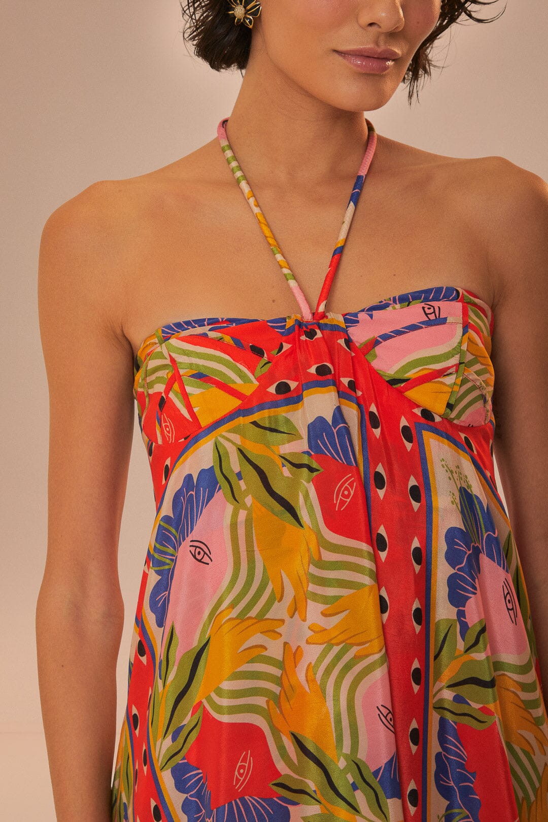 FARM Rio model wearing the Surreal Scarf Sand Sleeveless Maxi Dress