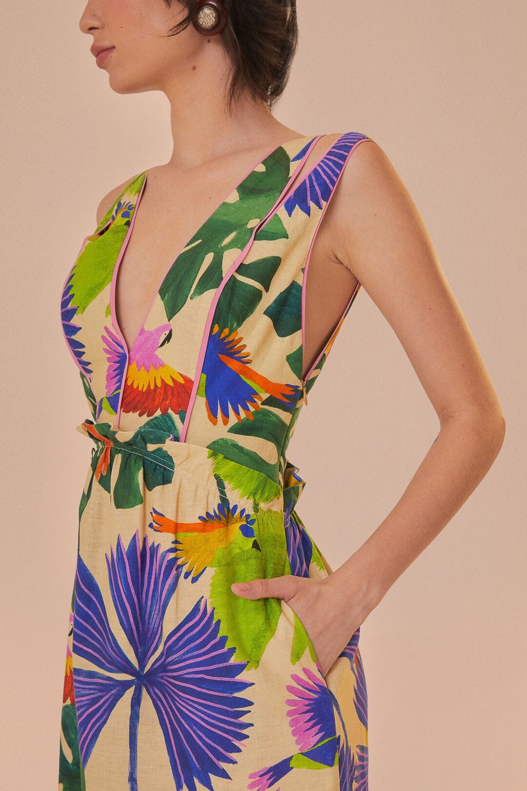 FARM Rio model wearing the Macaw Jungle Sand V Neckline Midi Dress