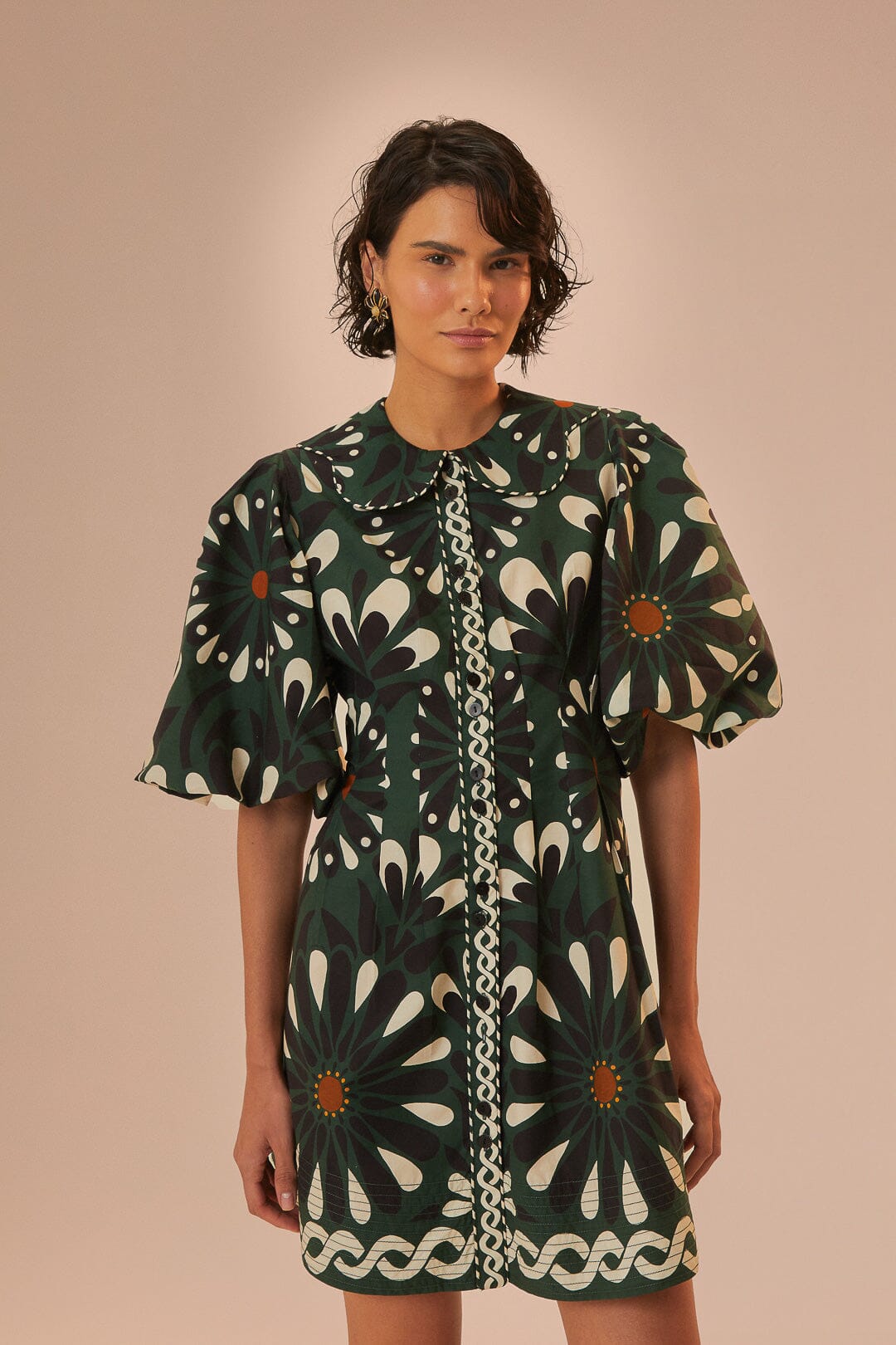 FARM Rio model wearing the Ainika Flowers Green Short Sleeve Mini Dress