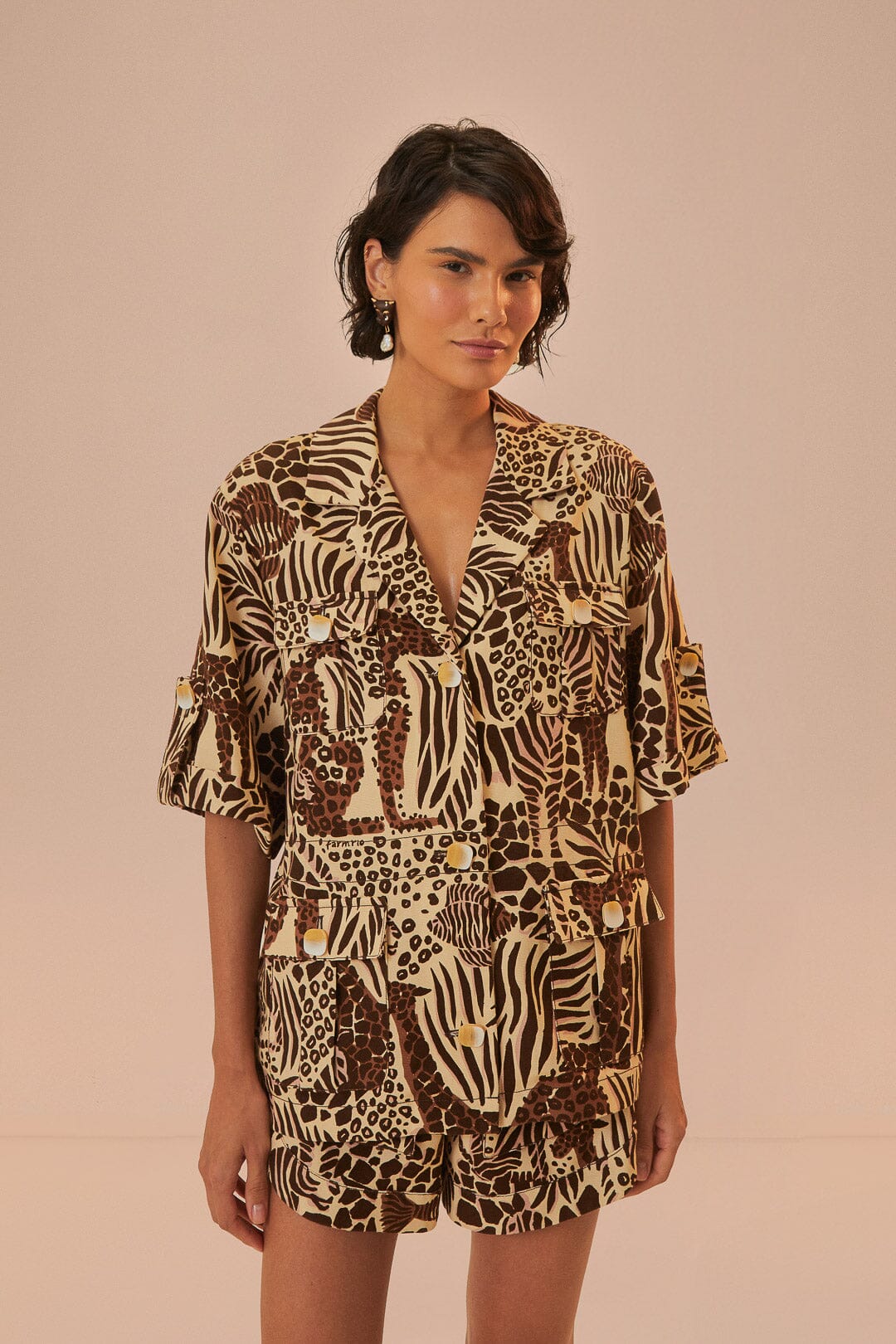 FARM Rio model wearing the Safari Sand Shirt