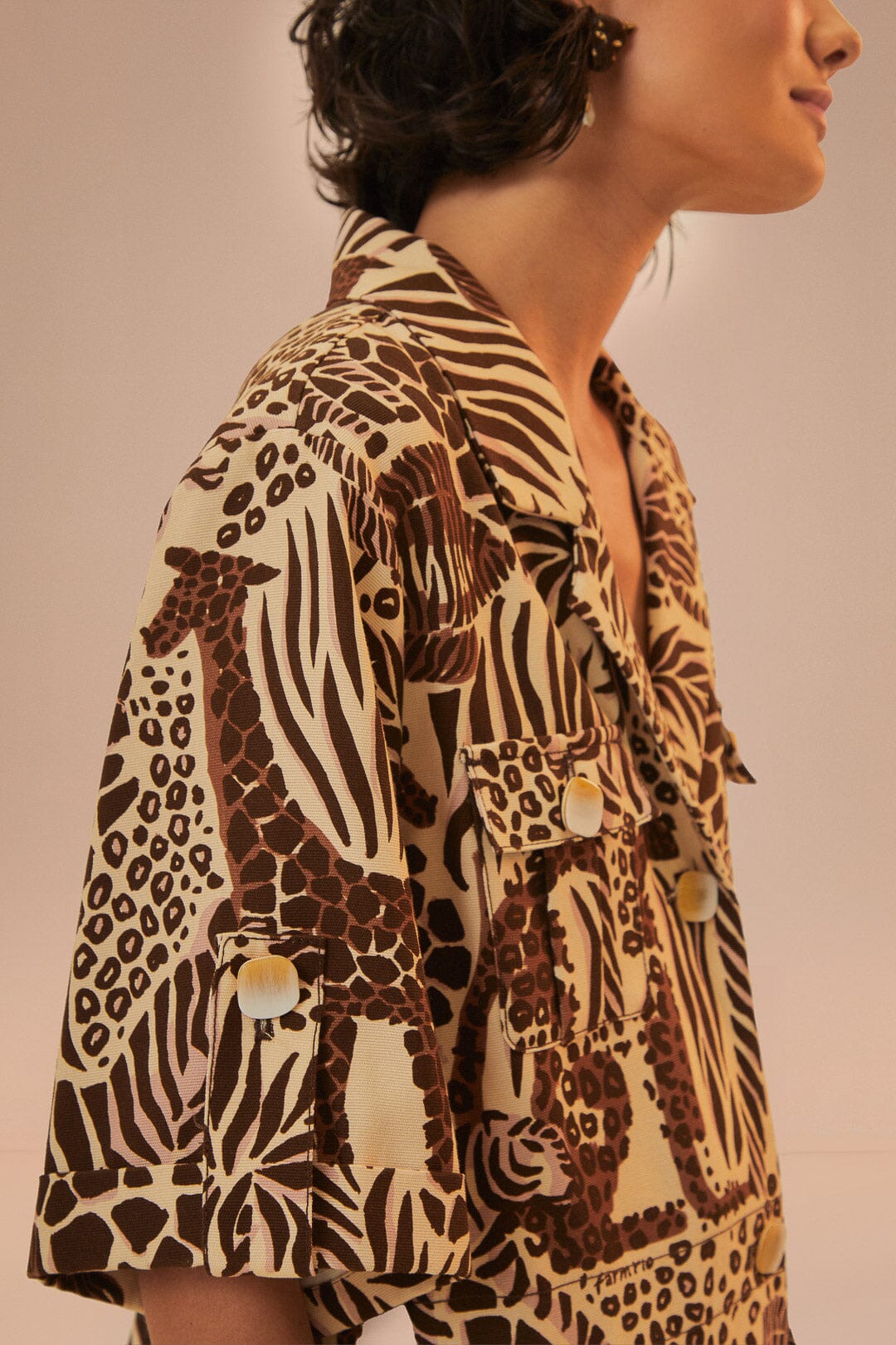 FARM Rio model wearing the Safari Sand Shirt