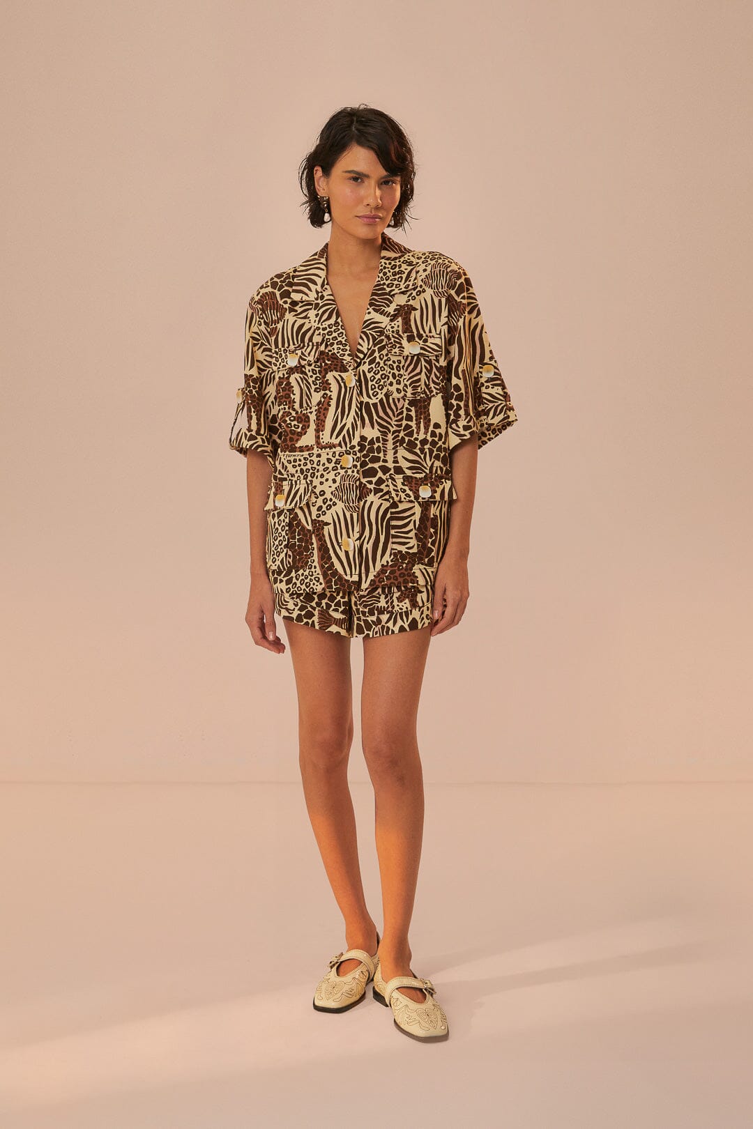 FARM Rio model wearing the Safari Sand Shirt