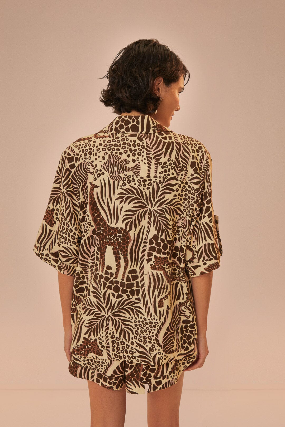 FARM Rio model wearing the Safari Sand Shirt