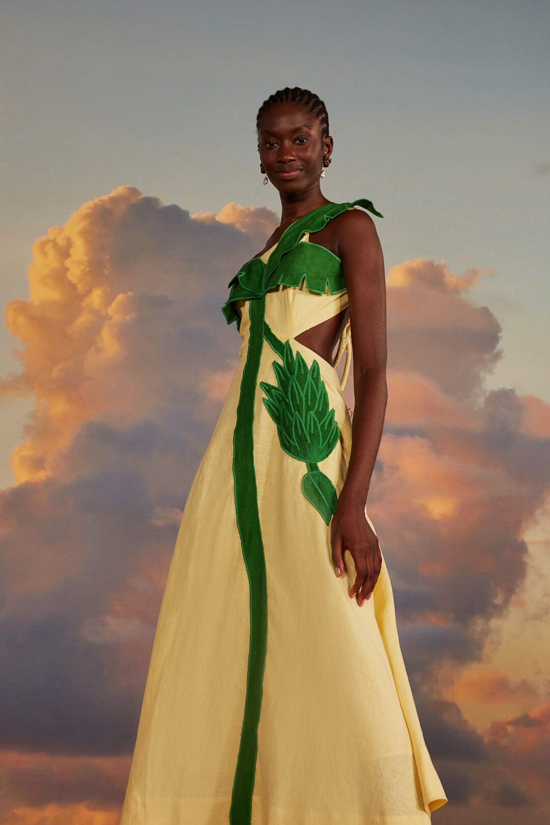 FARM Rio model wearing the Palm Tree Cutwork Midi Dress