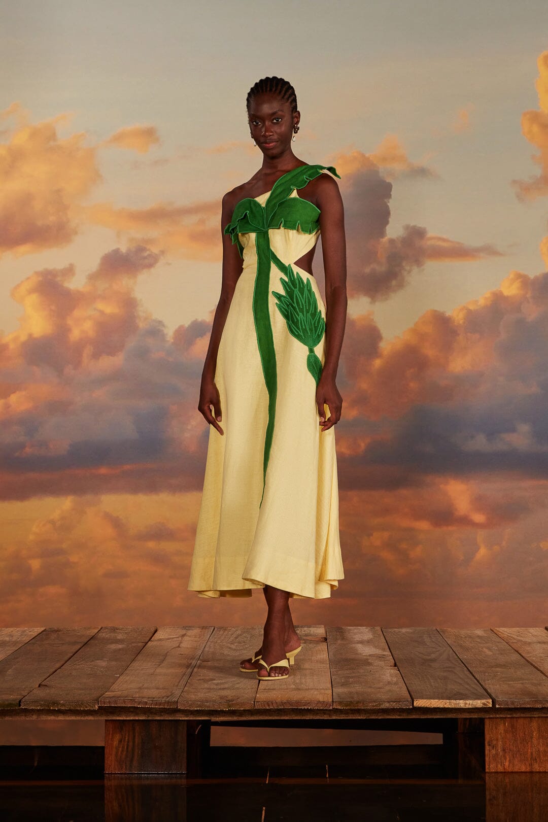 FARM Rio model wearing the Palm Tree Cutwork Midi Dress