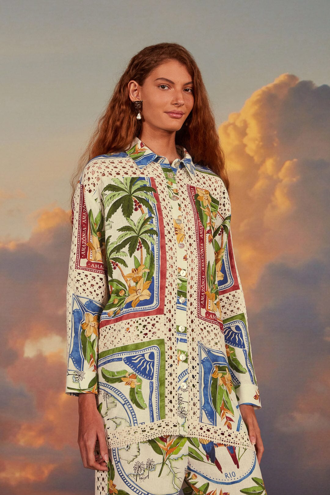 FARM Rio model wearing the Tropical Destination Crochet Shirt