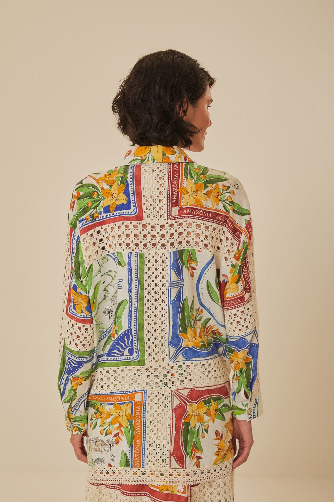 FARM Rio model wearing the Tropical Destination Crochet Shirt