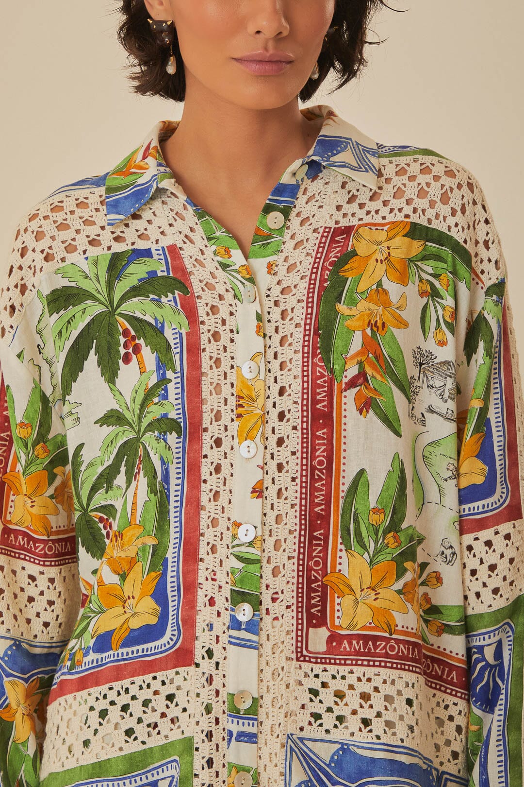 FARM Rio model wearing the Tropical Destination Crochet Shirt