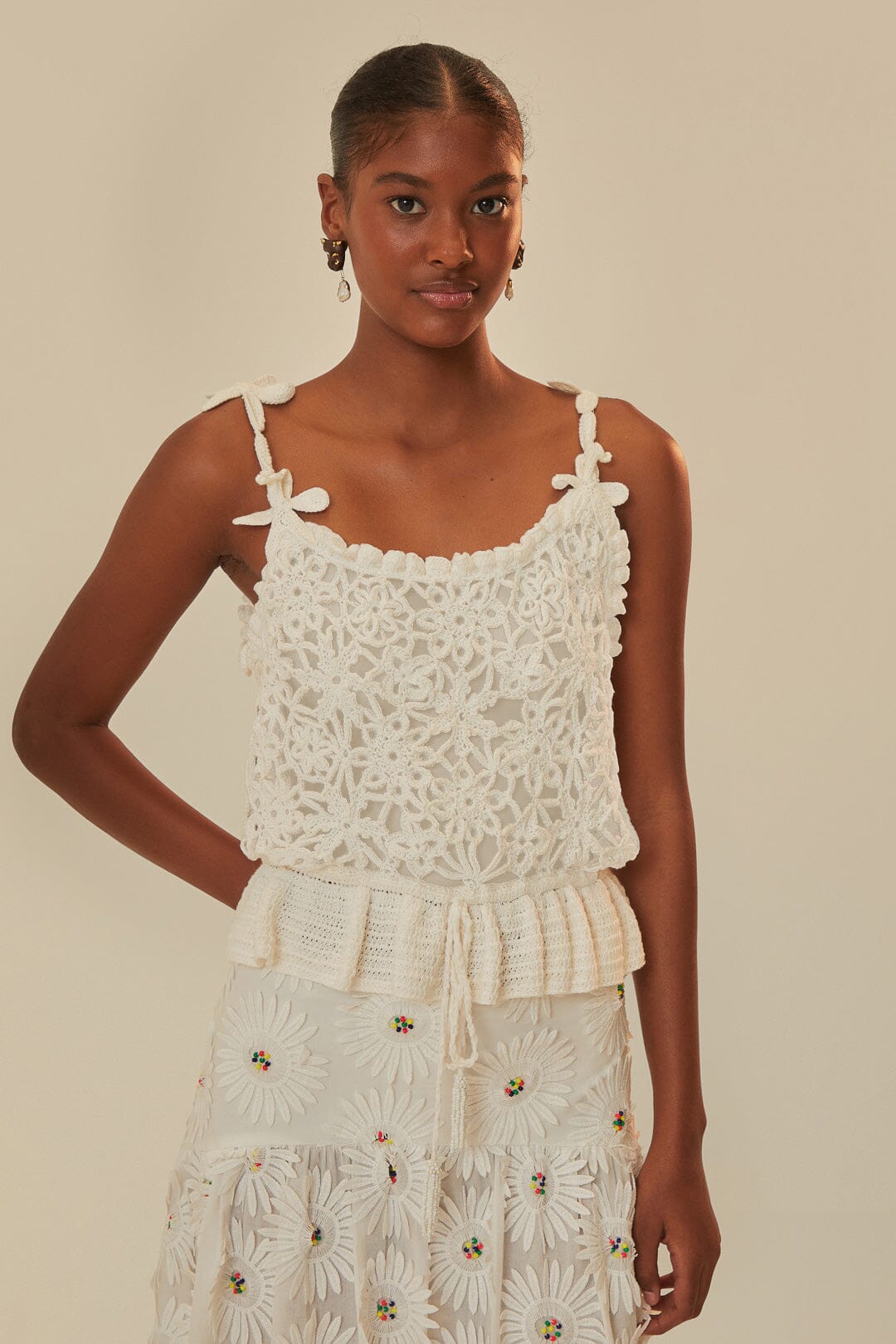 FARM Rio model wearing the White Flowers Crochet Top