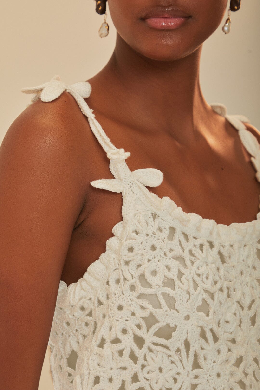 FARM Rio model wearing the White Flowers Crochet Top