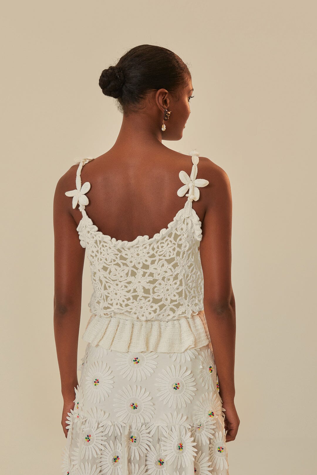 FARM Rio model wearing the White Flowers Crochet Top