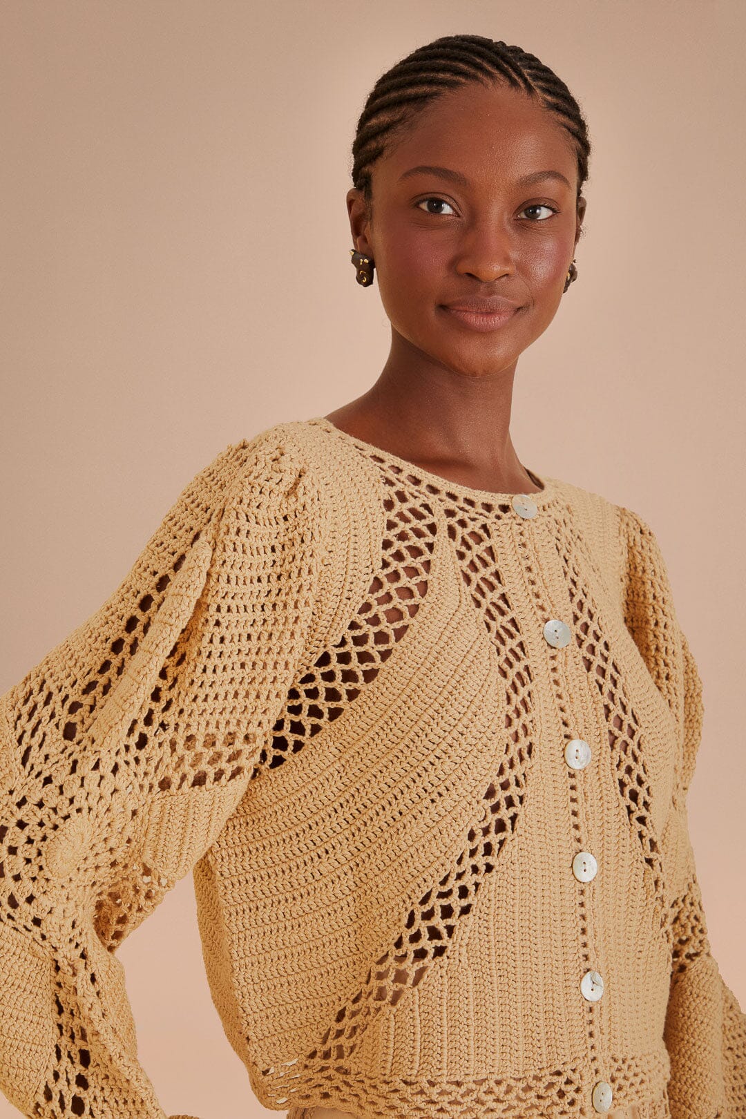 FARM Rio model wearing the Flower Draw Crochet Cardigan