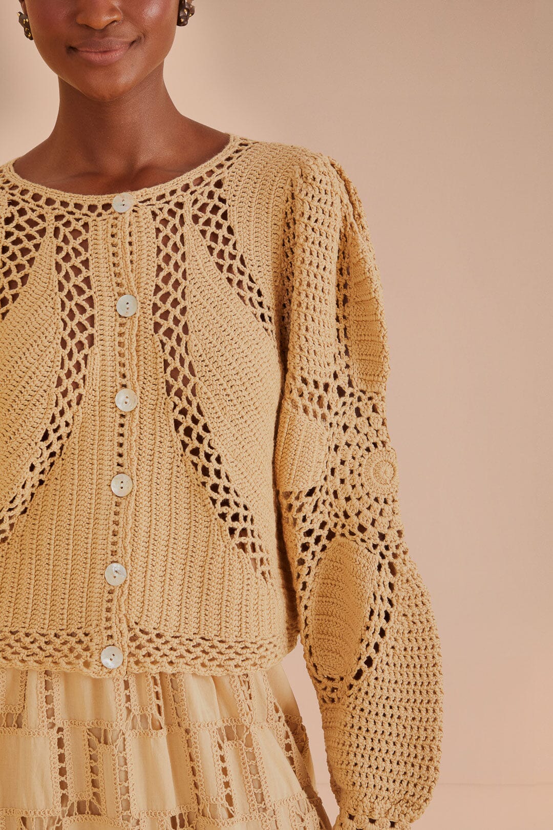 FARM Rio model wearing the Flower Draw Crochet Cardigan