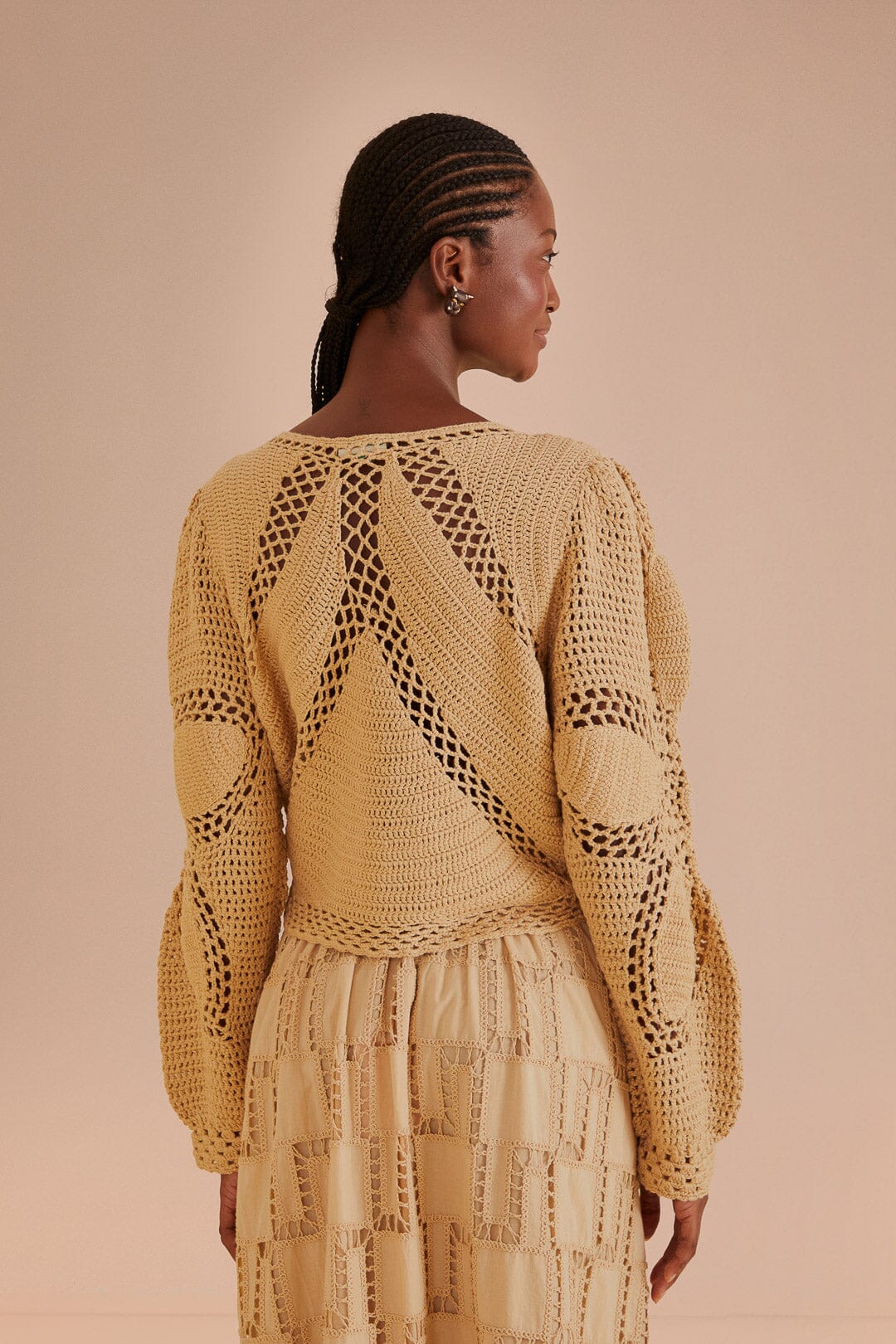 FARM Rio model wearing the Flower Draw Crochet Cardigan