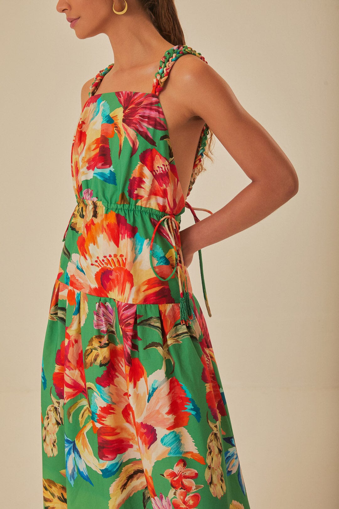 FARM Rio model wearing the Green Tropicart Sleeveless Midi Dress