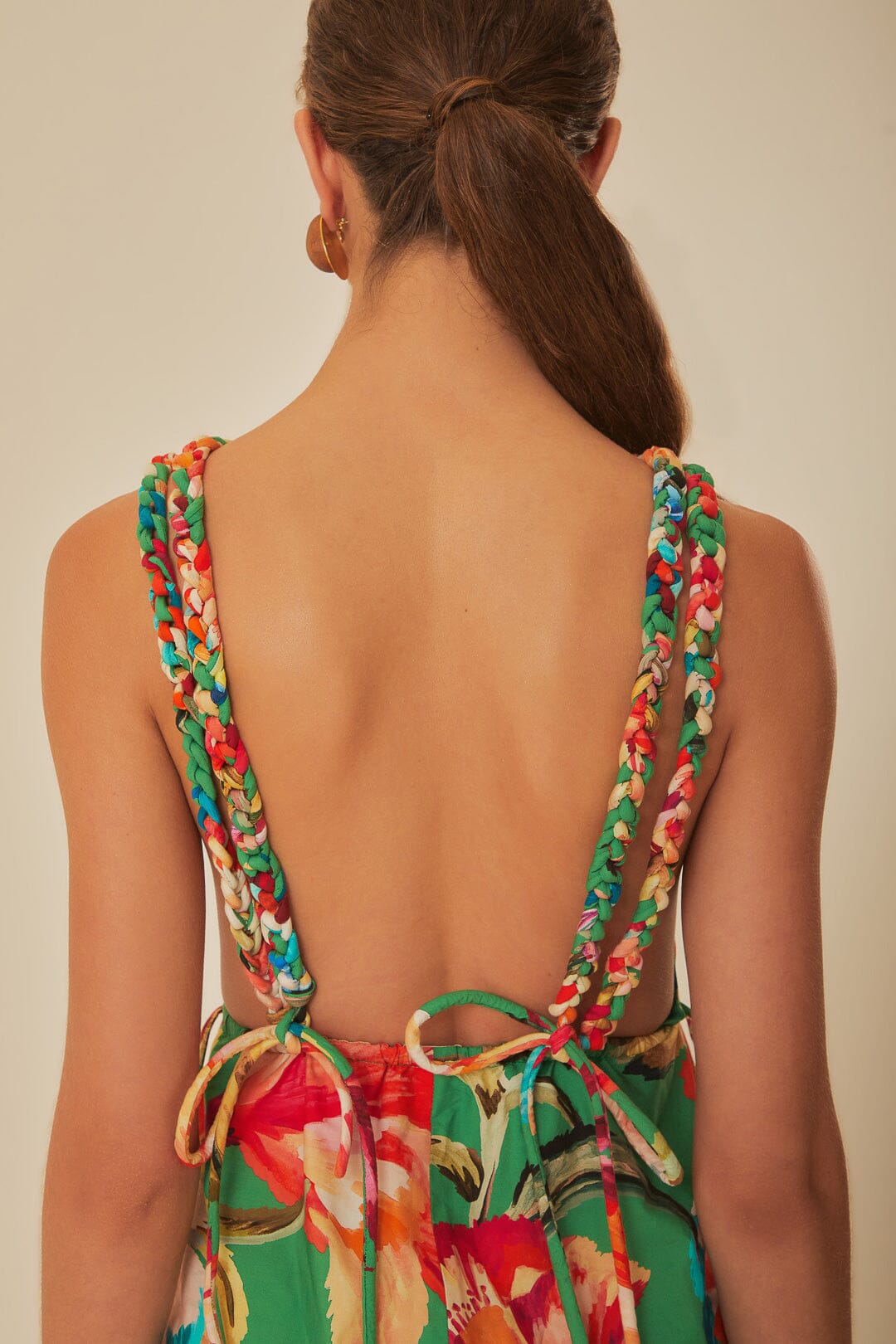 FARM Rio model wearing the Green Tropicart Sleeveless Midi Dress