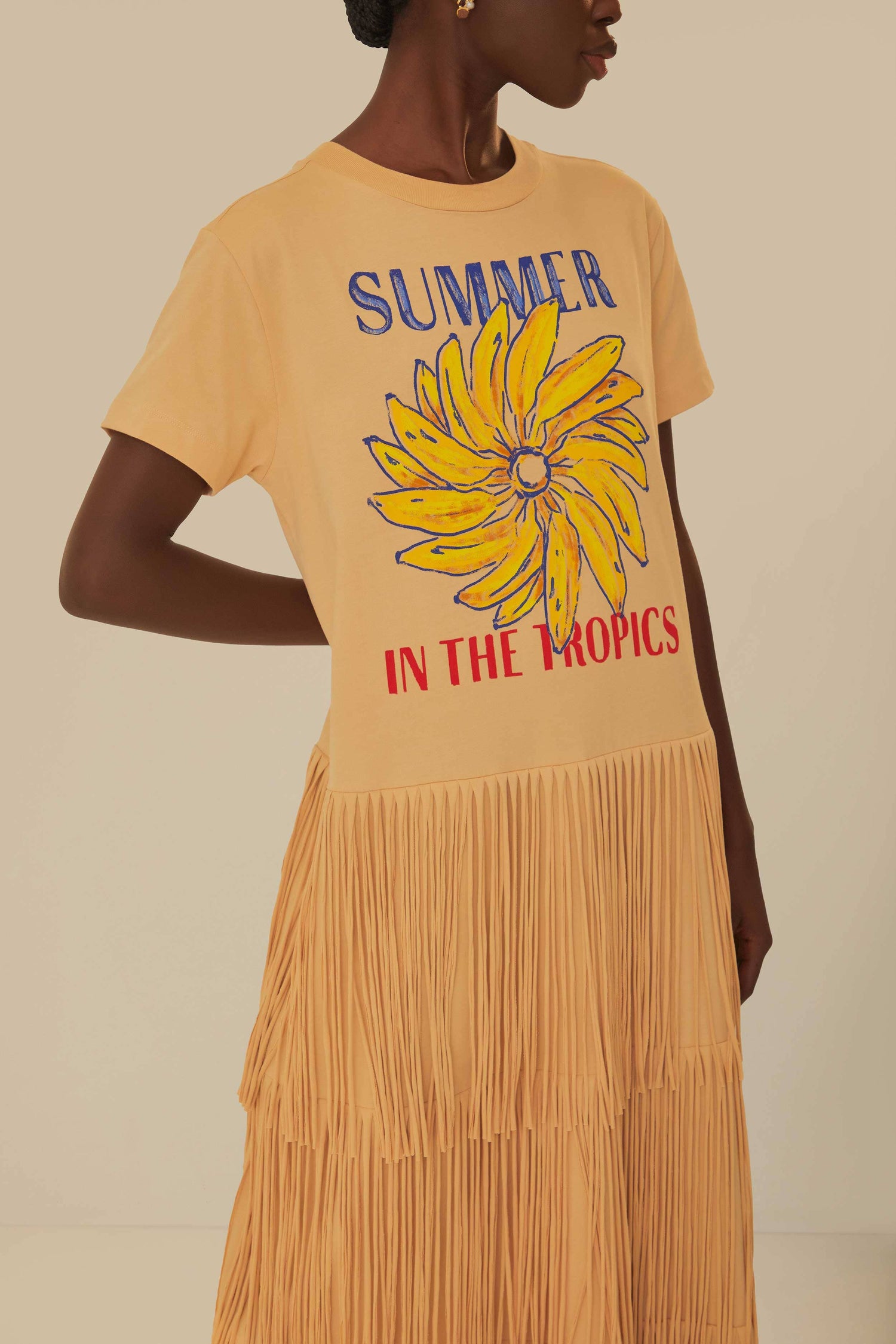 FARM Rio model wearing the Summer In The Tropics Fringe Dress