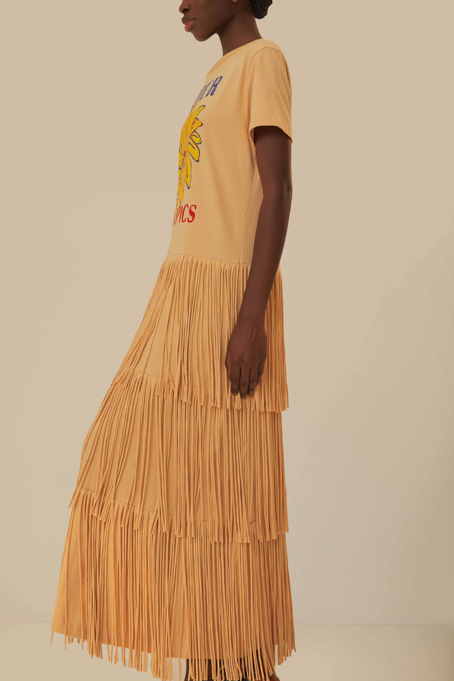 FARM Rio model wearing the Summer In The Tropics Fringe Dress