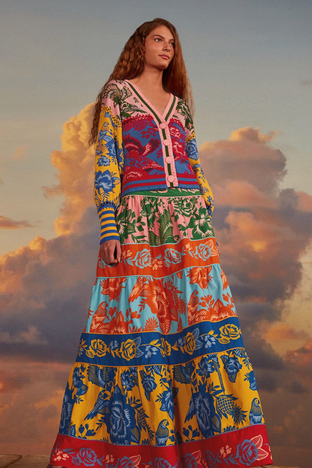 FARM Rio model wearing the Lace Garden Tiered Maxi Skirt