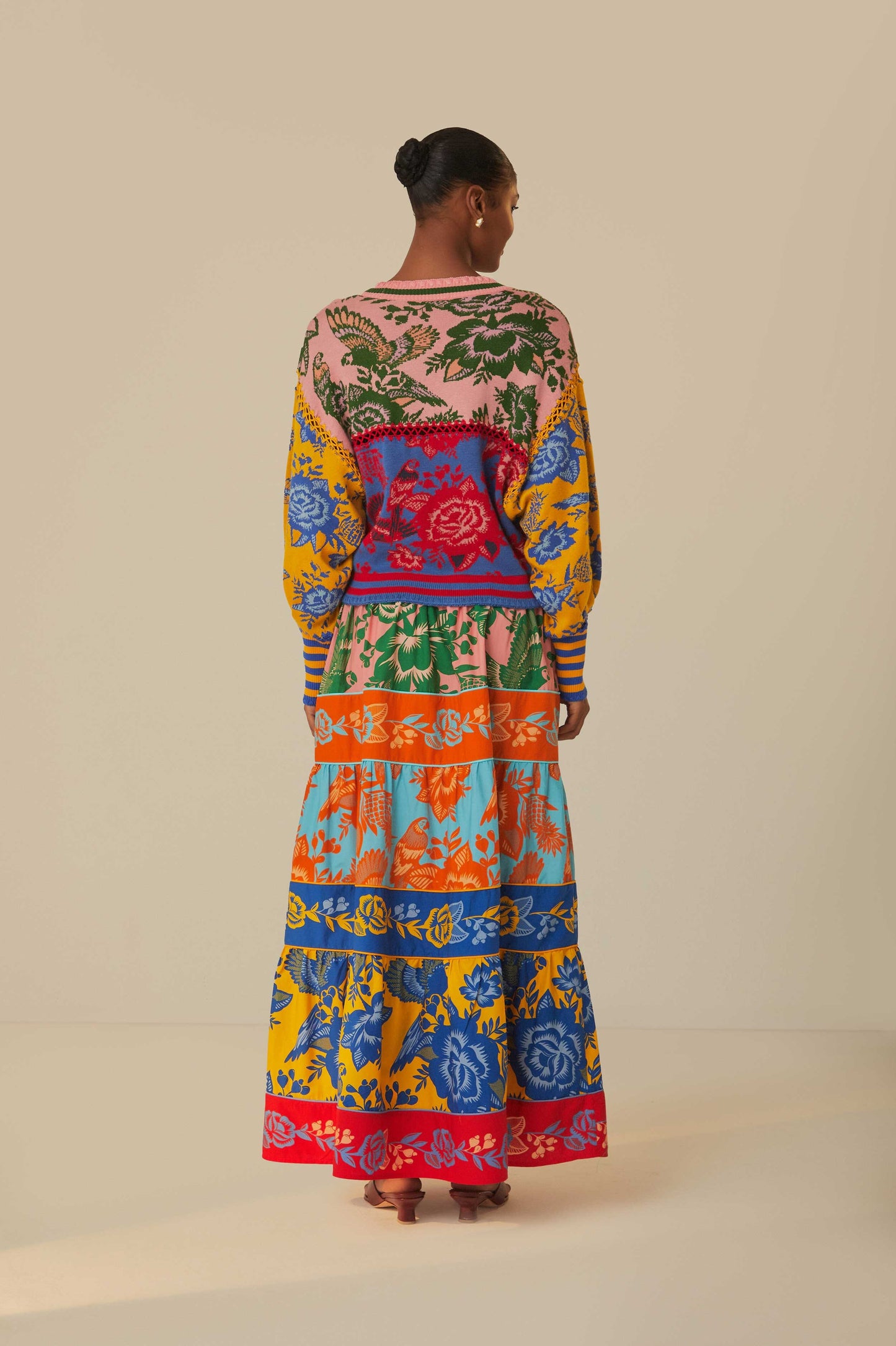 FARM Rio model wearing the Lace Garden Tiered Maxi Skirt