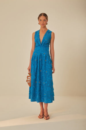 FARM Rio model wearing the 3D Flower Blue V Neckline Sleeveless Maxi Dress