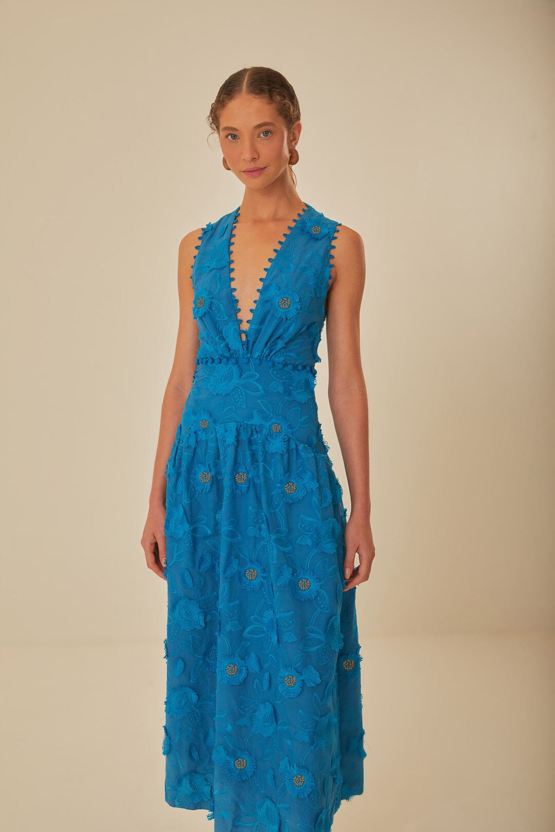 FARM Rio model wearing the 3D Flower Blue V Neckline Sleeveless Maxi Dress