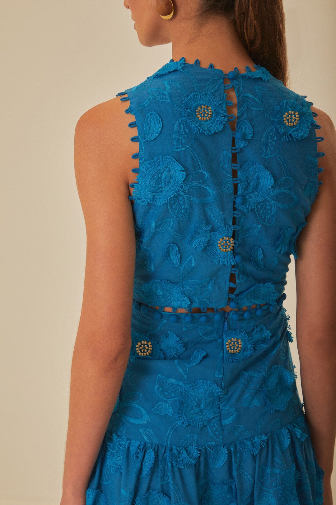 FARM Rio model wearing the 3D Flower Blue V Neckline Sleeveless Maxi Dress