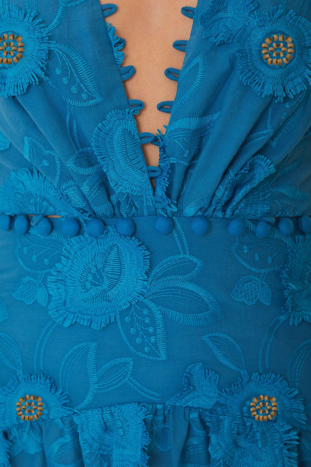 FARM Rio model wearing the 3D Flower Blue V Neckline Sleeveless Maxi Dress
