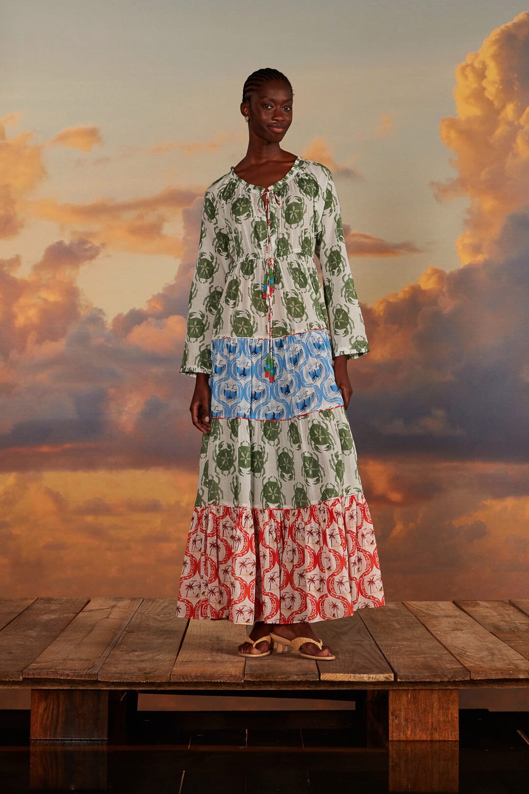 FARM Rio model wearing the Stamp Mix Long Sleeve Maxi Dress