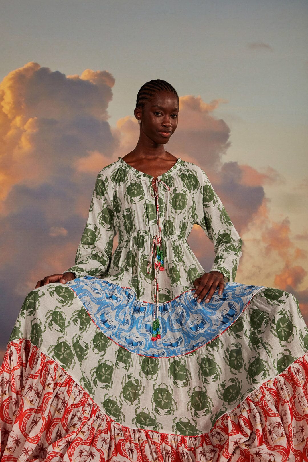 FARM Rio model wearing the Stamp Mix Long Sleeve Maxi Dress